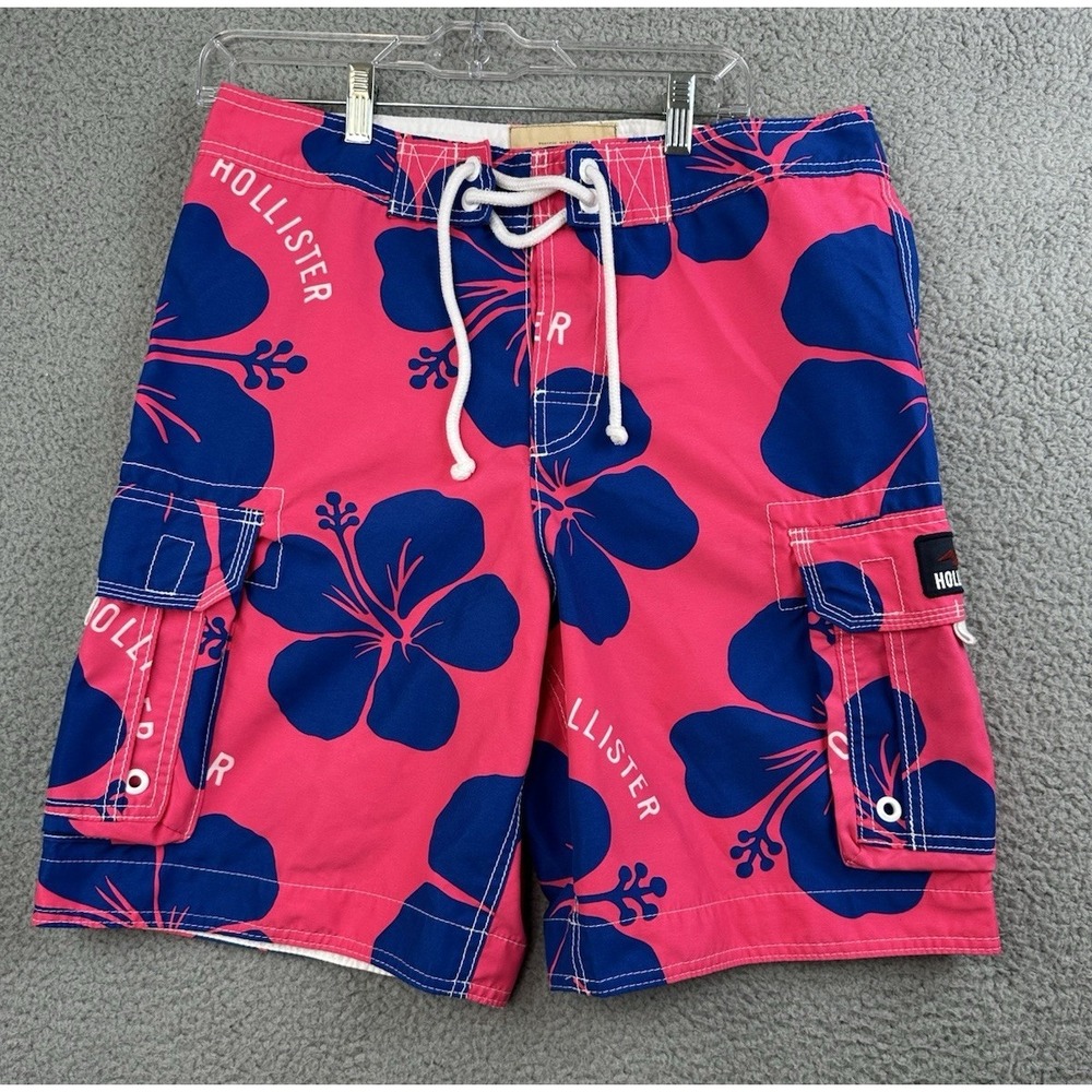 Hollister Board Shorts Mens Medium Pink Blue Tropical Floral Swim Trunks